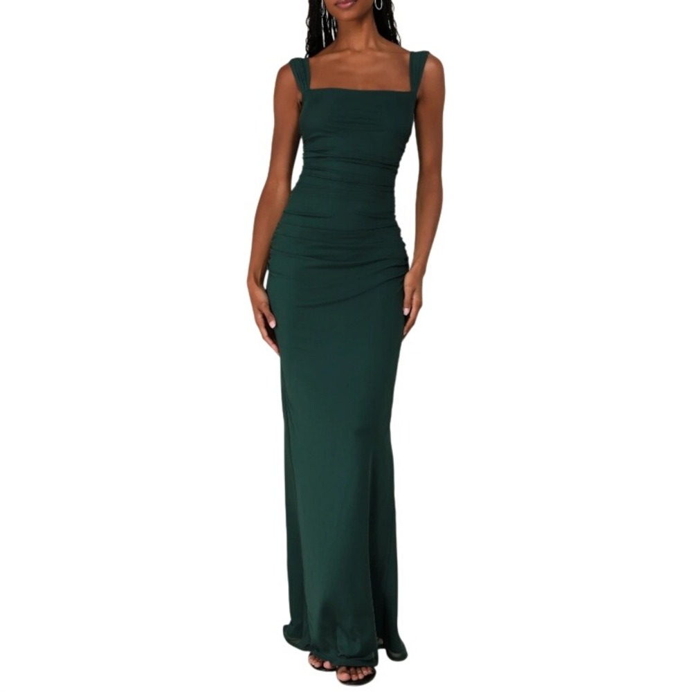 Lulus‎ Women's Dark Green Amazing Presence Mesh Ruched Column Maxi Dress Size XL